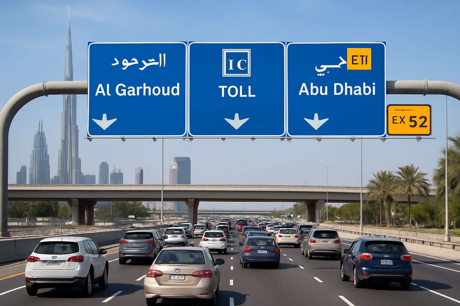 Dubai toll road traffic with clear signage