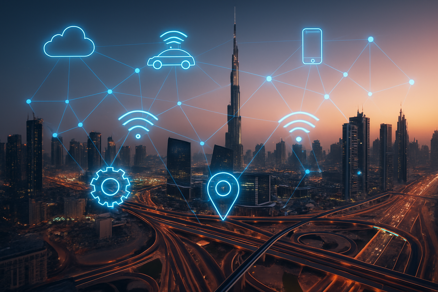 Dubai skyline with connected roads and smart technology