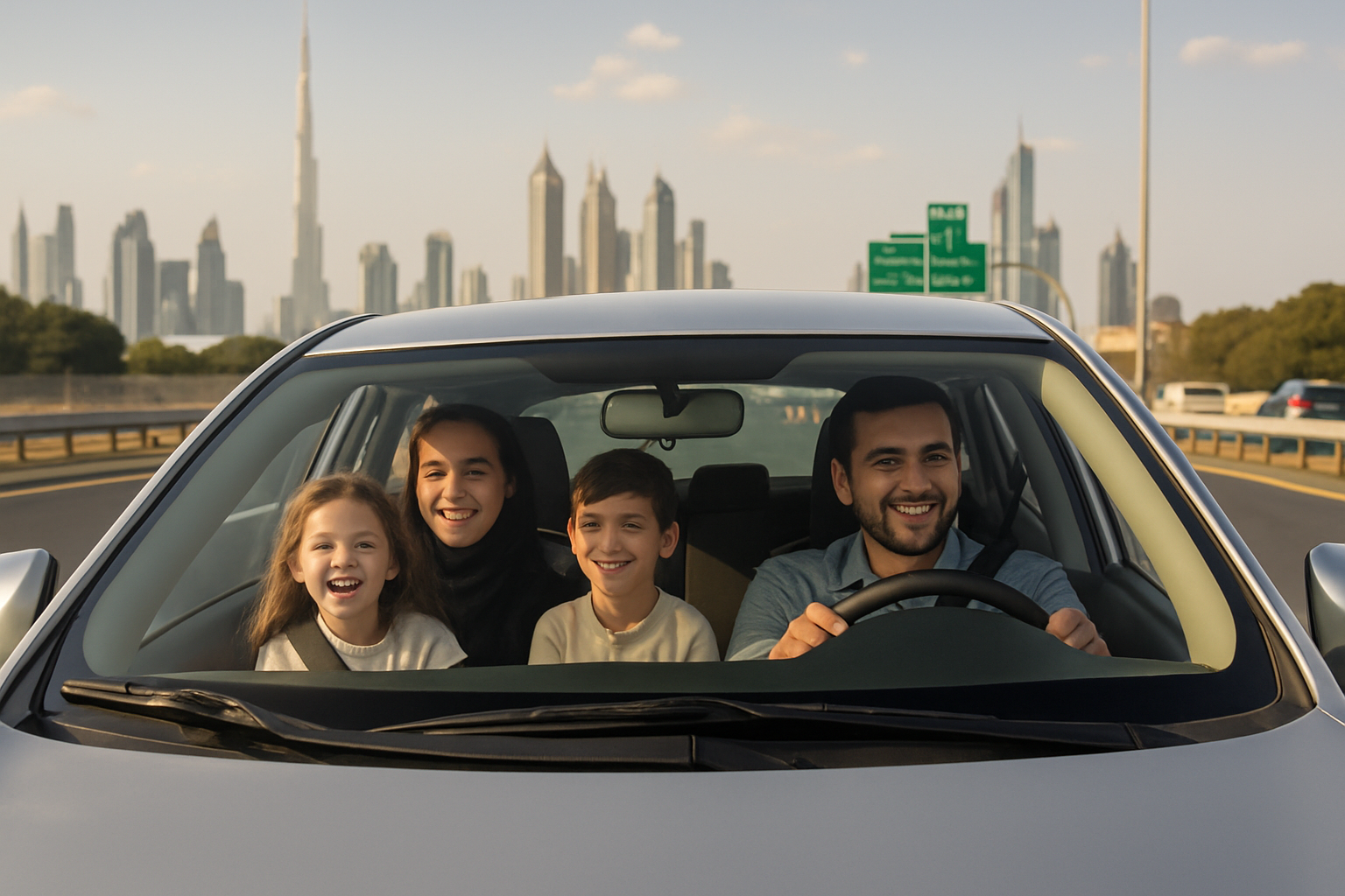 Happy family driving on a Dubai expressway